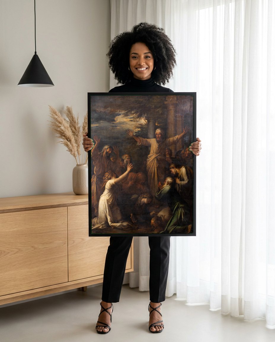 Quadro Decorativo A Pregação de São João Batista - Salvator Rosa | modelo apresentando o quadro emoldurado