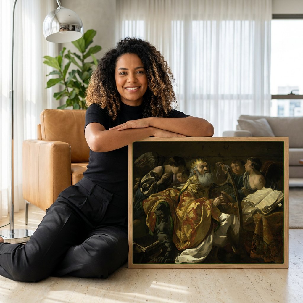 Quadro Decorativo Davi e os Anjos Músicos - Hendrick ter Brugghen | modelo apresentando o quadro emoldurado