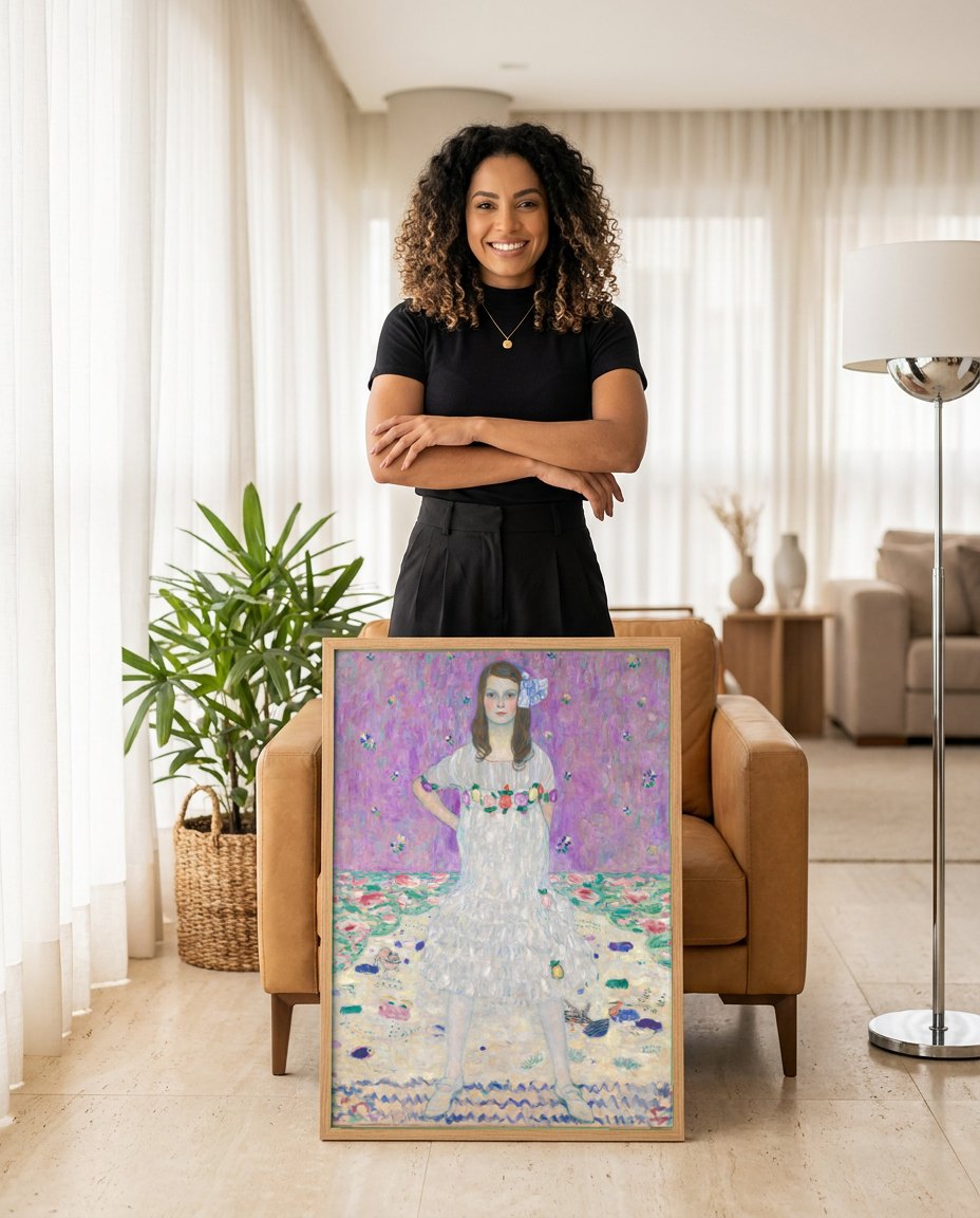 Quadro Decorativo Ritmo de Cores e Emoções - Gustav Klimt | modelo apresentando o quadro emoldurado