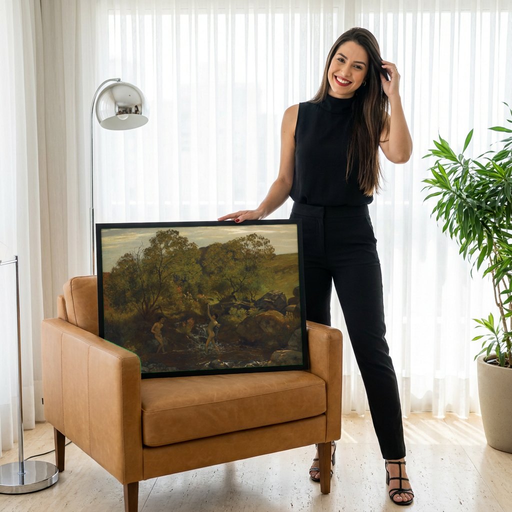 Quadro Decorativo Crianças Brincando no Riacho - Hans Thoma | modelo apresentando o quadro emoldurado