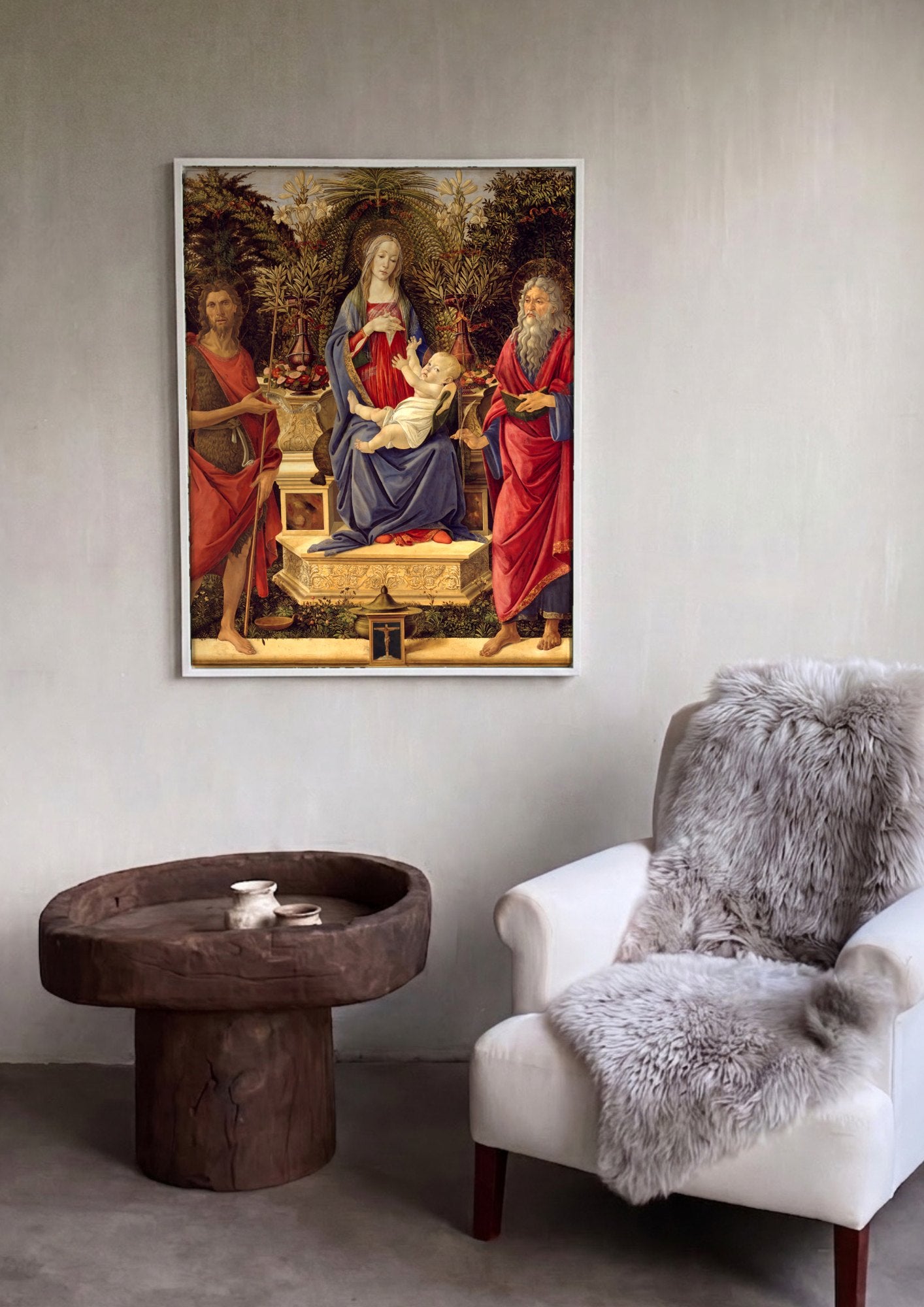 Quadro Decorativo A Virgem e o Menino com São João Batista e um Santo - Botticelli | quadro emoldurado na parede