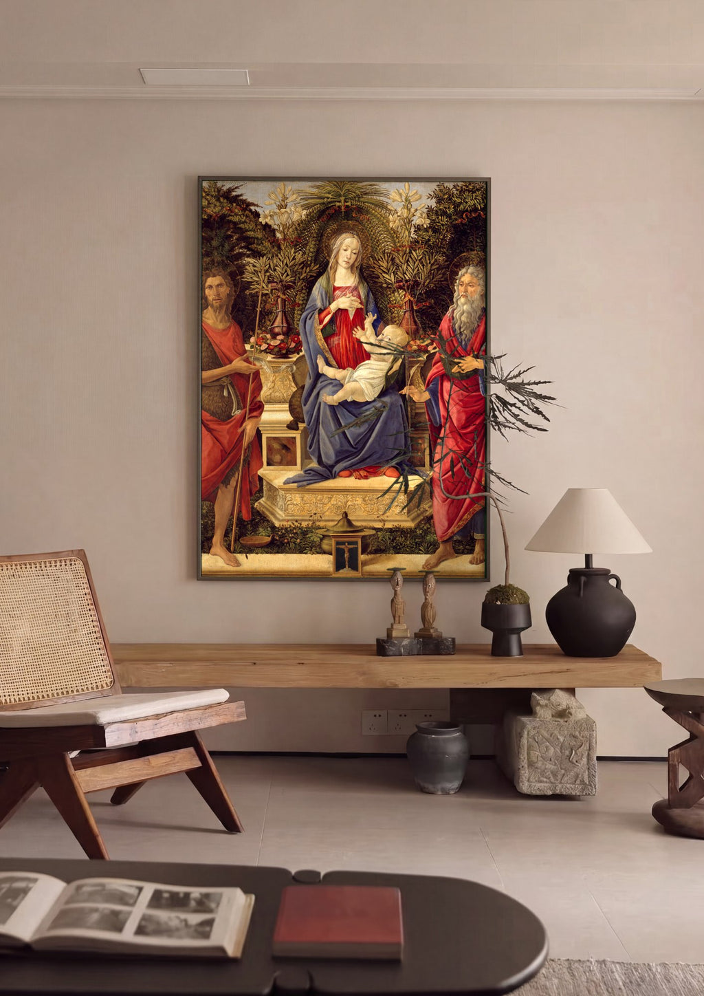 Quadro Decorativo A Virgem e o Menino com São João Batista e um Santo - Botticelli | quadro emoldurado na parede