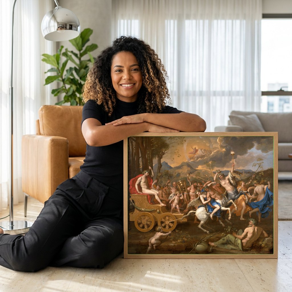 Quadro Decorativo O Triunfo de Baco - Nicolas Poussin | modelo apresentando o quadro emoldurado