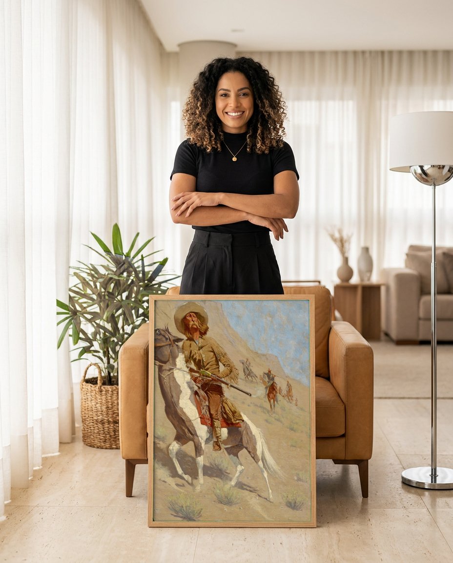 Quadro Decorativo O Vaqueiro Americano - Frederic Remington com modelo em ambiente