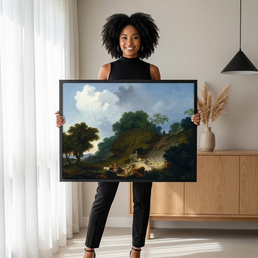Quadro Decorativo A Partida do Rebanho - Fragonard com modelo em ambiente