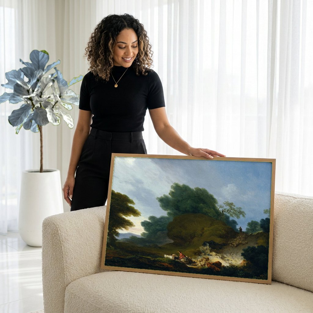 Quadro Decorativo A Partida do Rebanho - Fragonard com modelo em ambiente