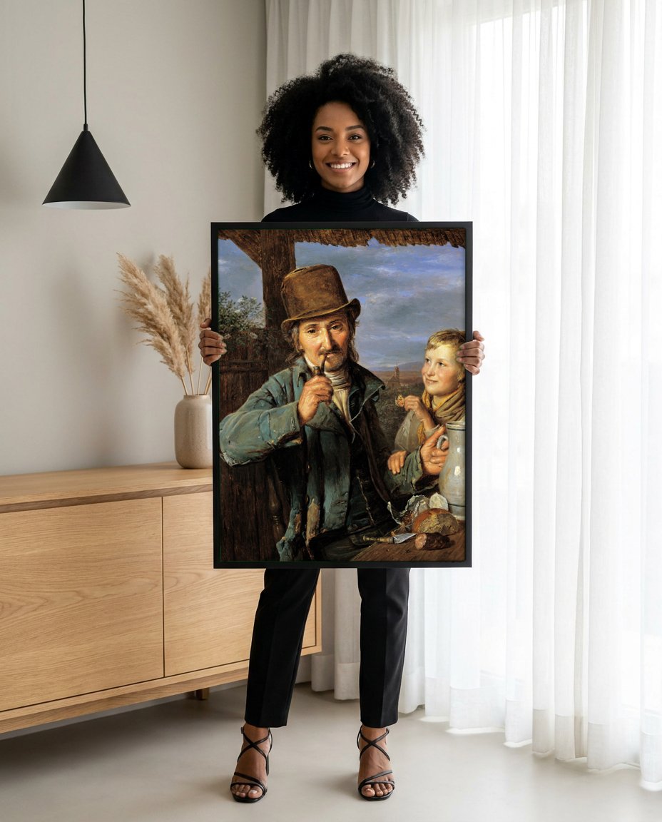 Quadro Decorativo O Fumante e o Menino - Ferdinand Georg Waldmüller com modelo em ambiente