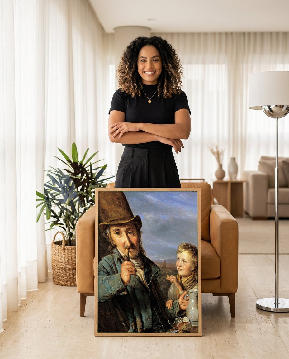 Quadro Decorativo O Fumante e o Menino - Ferdinand Georg Waldmüller com modelo em ambiente