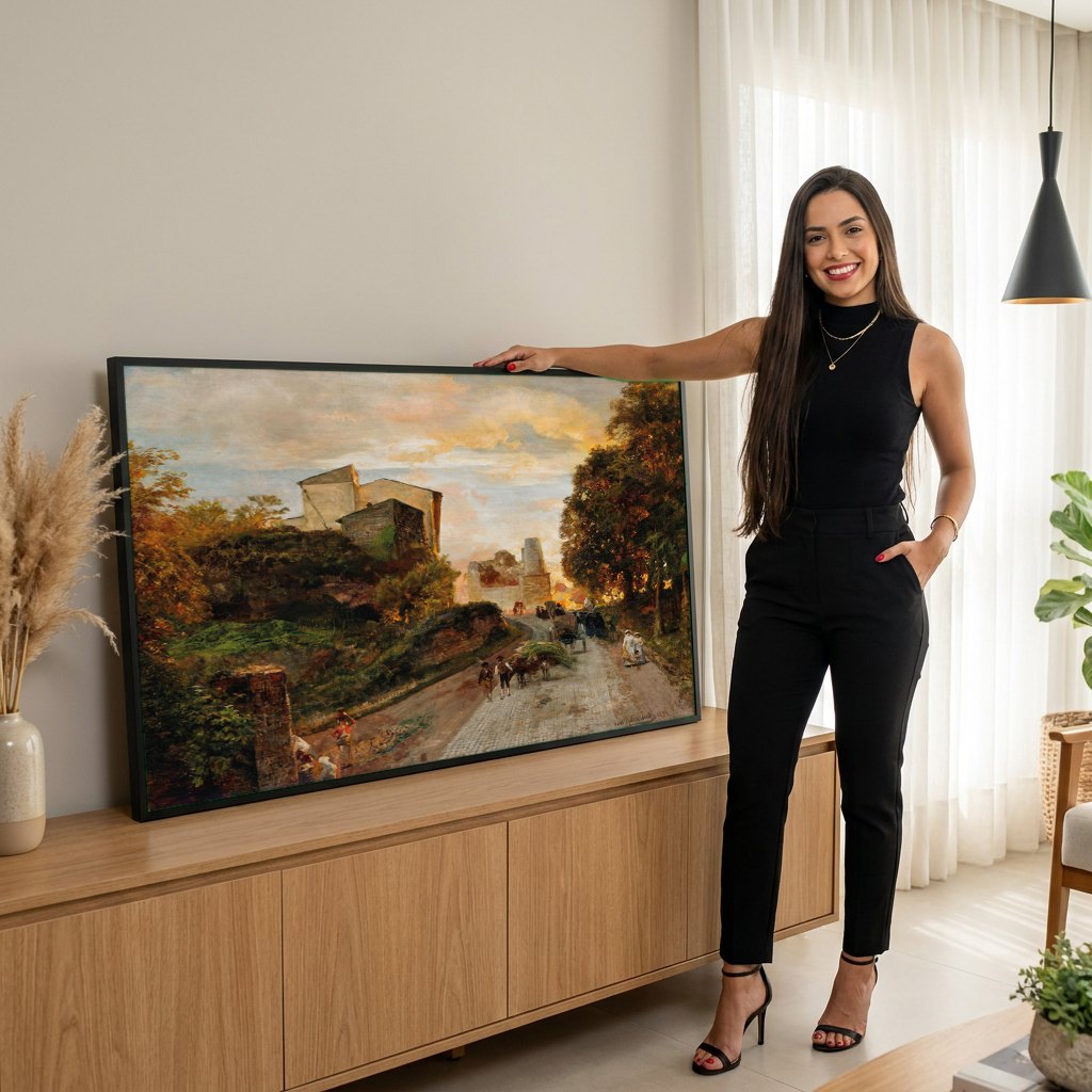 Quadro Decorativo Cena Urbana ao Pôr do Sol - Oswald Achenbach | modelo apresentando o quadro emoldurado