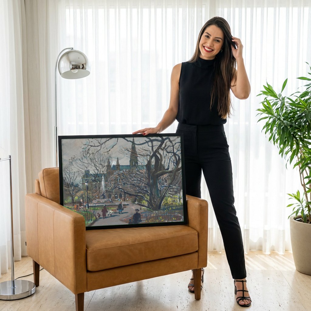 Quadro Decorativo Cena Urbana em Viena - Oskar Laske | modelo apresentando o quadro emoldurado