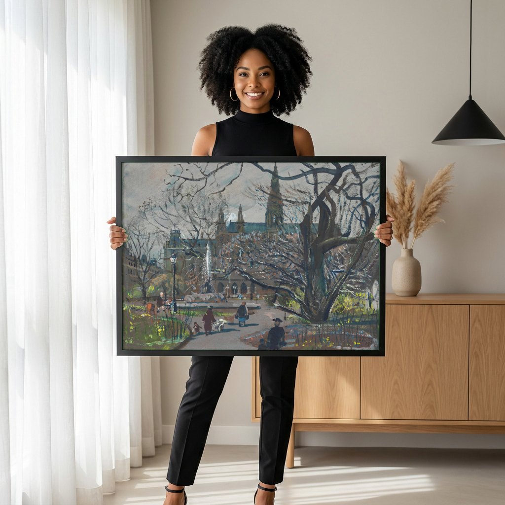 Quadro Decorativo Cena Urbana em Viena - Oskar Laske | modelo apresentando o quadro emoldurado