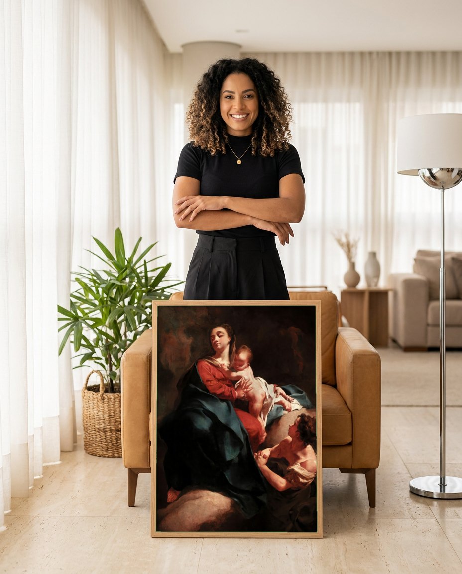 Quadro Decorativo A Virgem e o Menino com São Filipe Neri - Piazzetta | modelo apresentando o quadro emoldurado