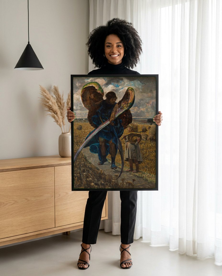 Quadro Decorativo Anjo e Menino no Campo - Jacek Malczewski | modelo apresentando o quadro emoldurado