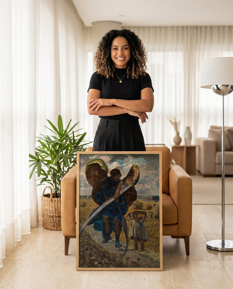 Quadro Decorativo Anjo e Menino no Campo - Jacek Malczewski | modelo apresentando o quadro emoldurado