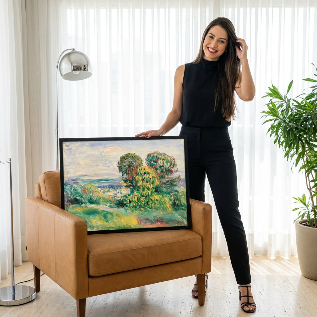 Quadro Decorativo Paisagem Vibrante - Renoir | modelo apresentando o quadro emoldurado