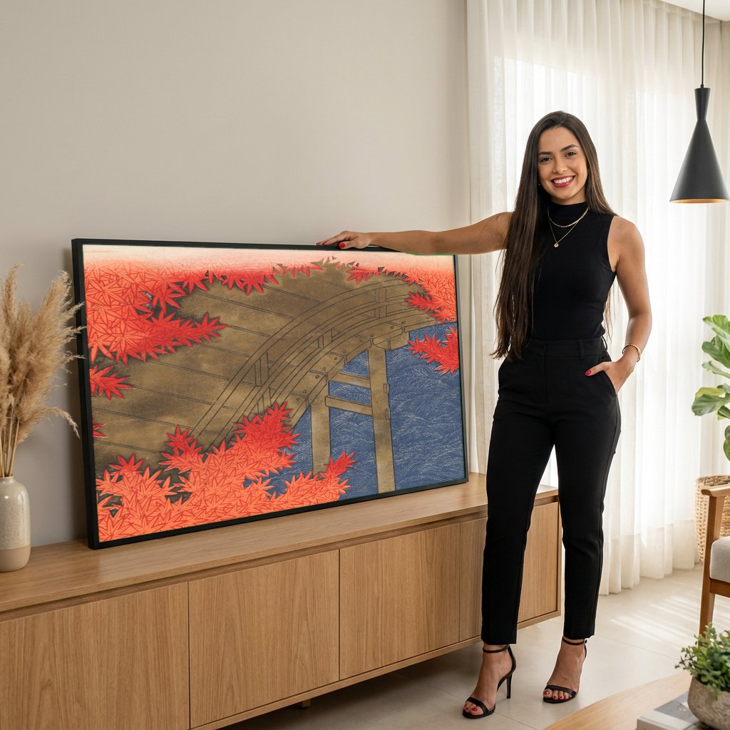 Quadro Decorativo Ponte e Folhas de Outono - Kamisaka Sekka | modelo apresentando o quadro emoldurado
