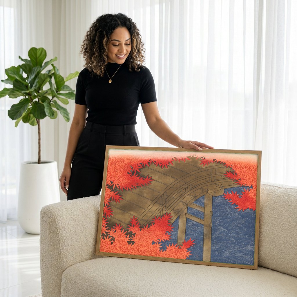 Quadro Decorativo Ponte e Folhas de Outono - Kamisaka Sekka | modelo apresentando o quadro emoldurado