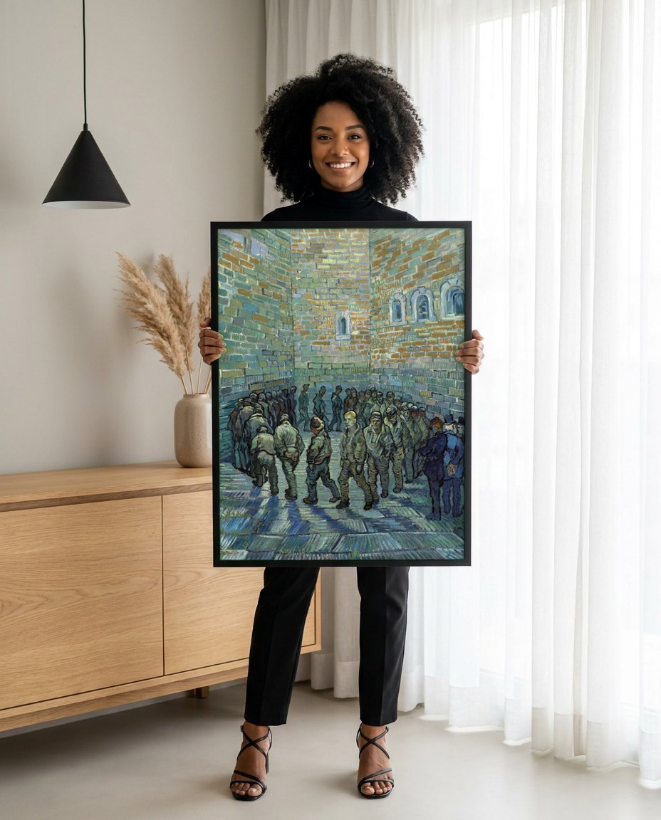 Quadro Decorativo Pátio da Prisão - Van Gogh | modelo apresentando o quadro emoldurado