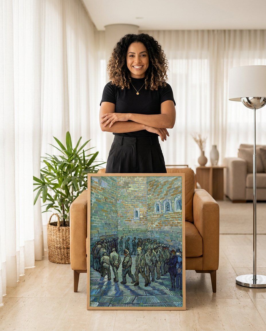 Quadro Decorativo Pátio da Prisão - Van Gogh | modelo apresentando o quadro emoldurado
