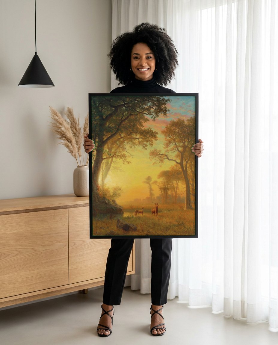 Quadro Decorativo Floresta Dourada ao Pôr do Sol - Albert Bierstadt | modelo apresentando o quadro emoldurado