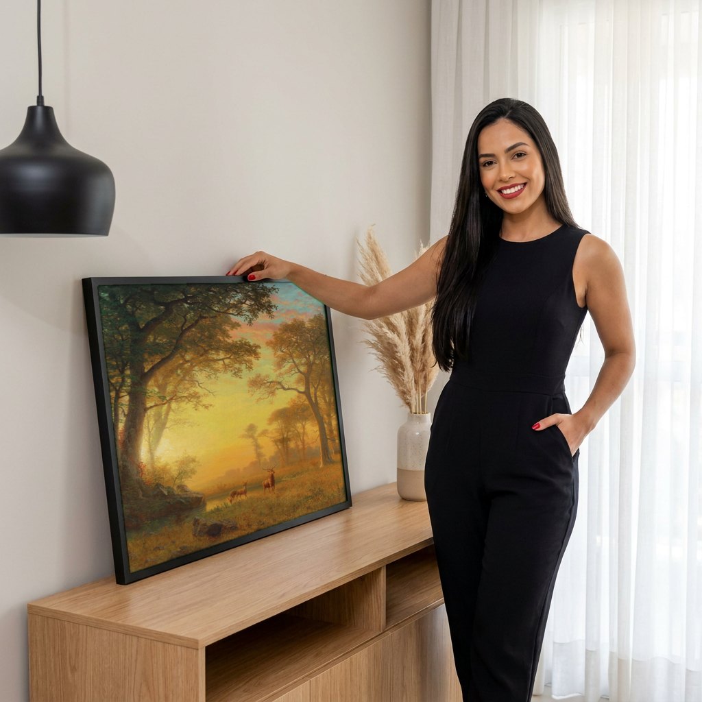 Quadro Decorativo Floresta Dourada ao Pôr do Sol - Albert Bierstadt | modelo apresentando o quadro emoldurado