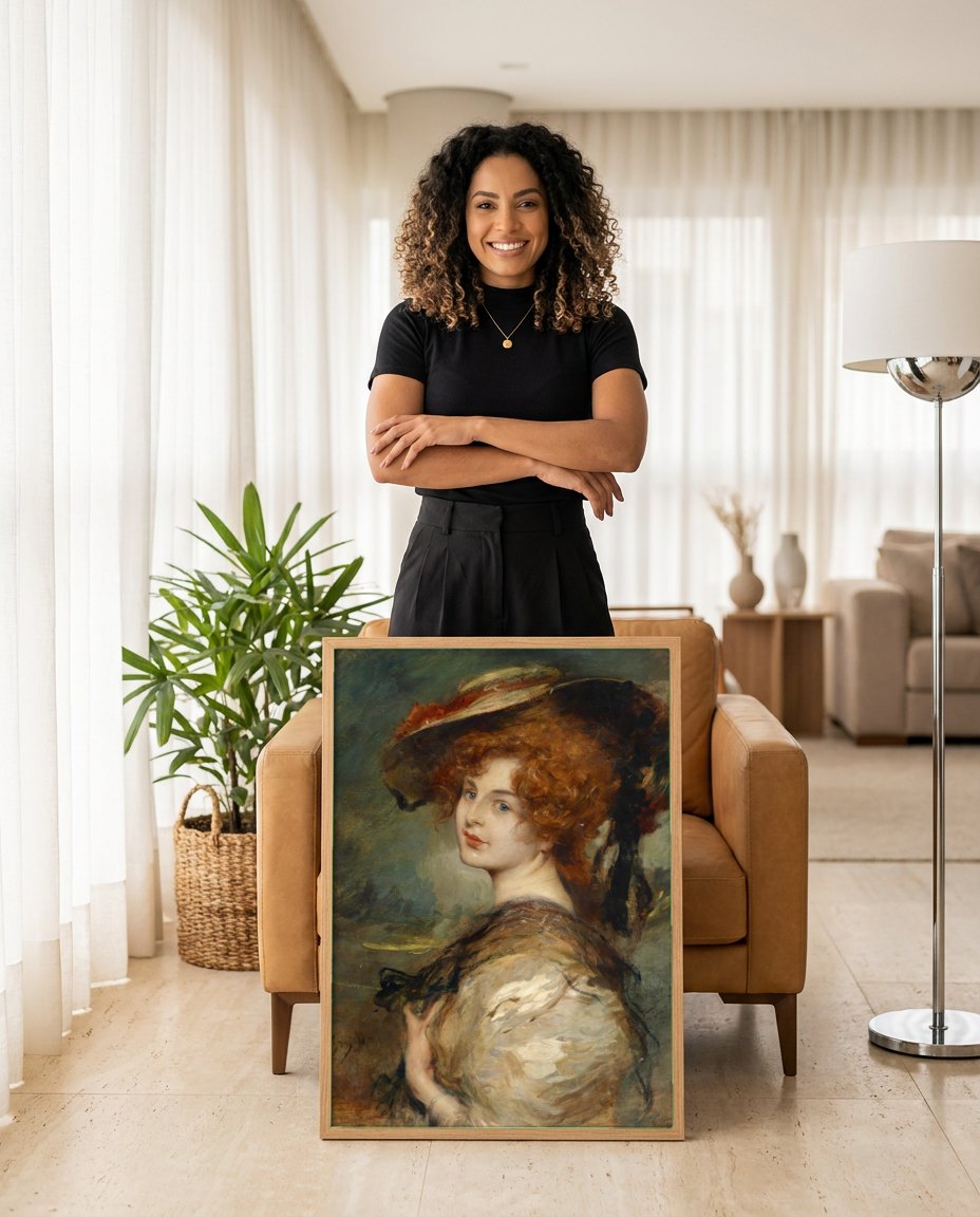 Quadro Decorativo A Dama do Chapéu - Leopold Schmutzler | modelo apresentando o quadro emoldurado