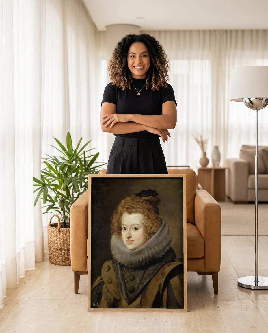 Quadro Decorativo Retrato de Dama - Diego Velázquez | modelo apresentando o quadro emoldurado