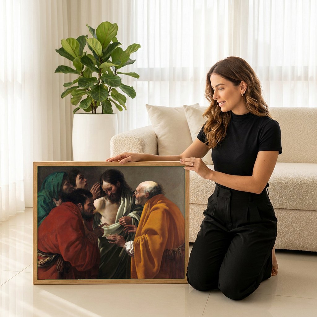 Quadro Decorativo A Incredulidade de São Tomé - Ter Brugghen | modelo apresentando o quadro emoldurado