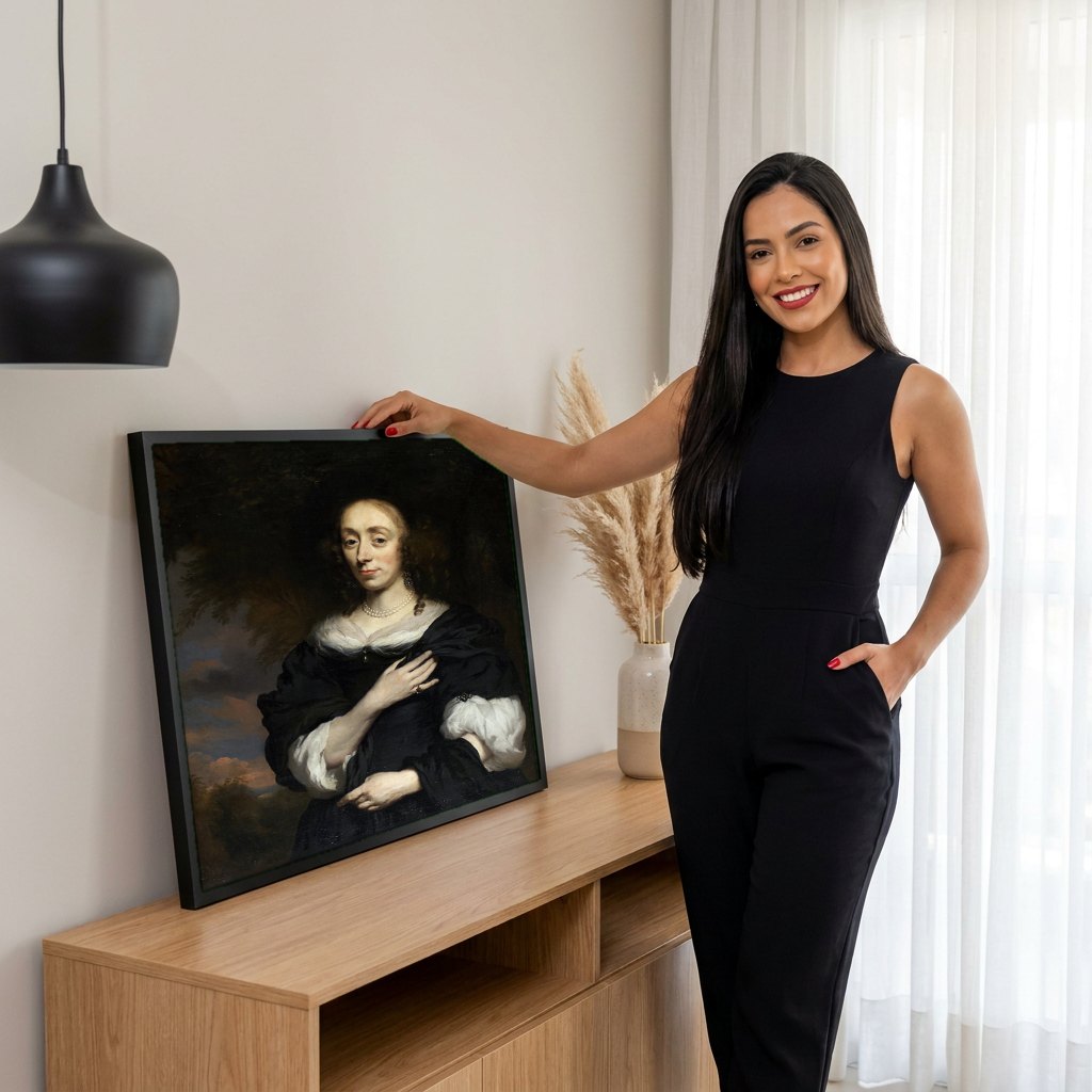 Quadro Decorativo Retrato de Mulher - Nicolaes Maes | modelo apresentando o quadro emoldurado