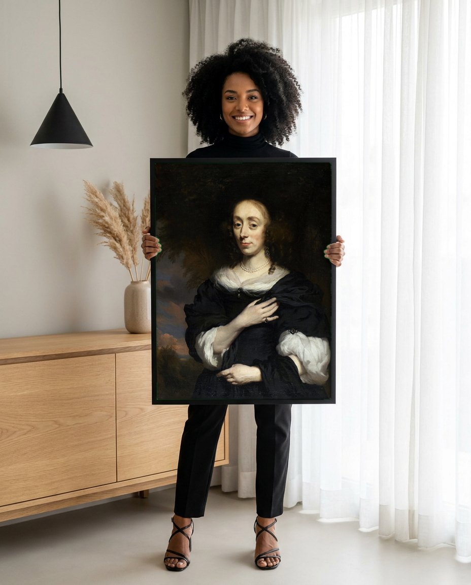 Quadro Decorativo Retrato de Mulher - Nicolaes Maes | modelo apresentando o quadro emoldurado