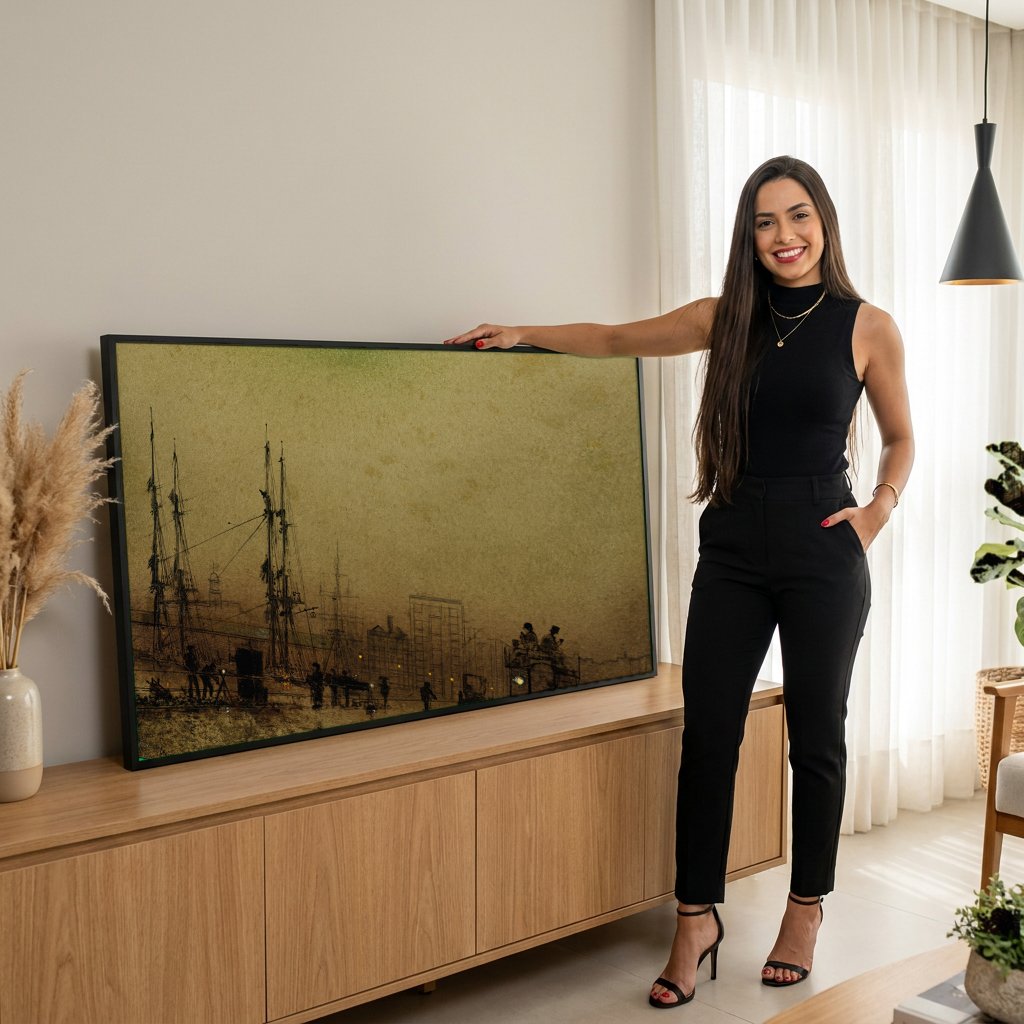 Quadro Decorativo Porto Urbano Noturno - Grimshaw com modelo em ambiente