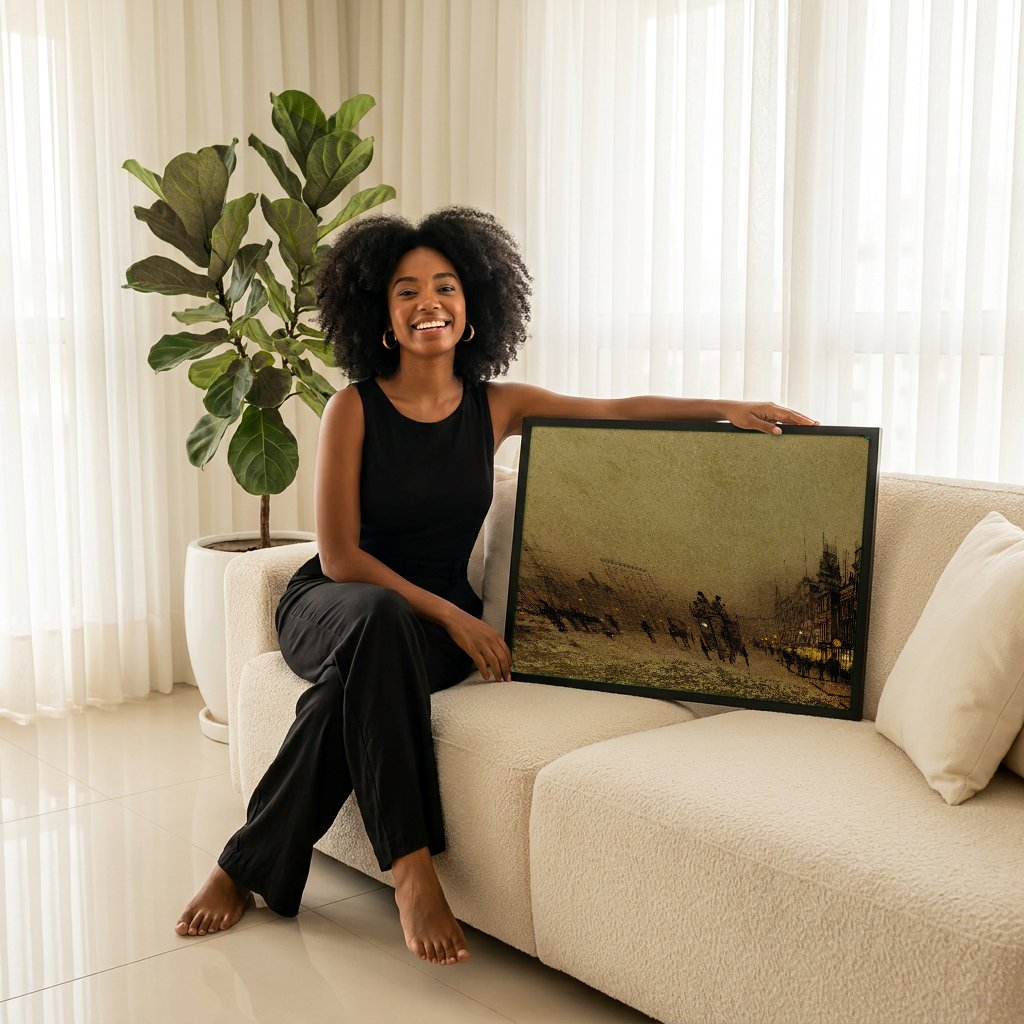 Quadro Decorativo Porto Urbano Noturno - Grimshaw com modelo em ambiente