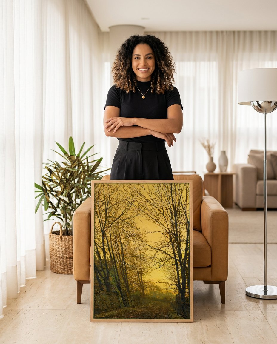 Quadro Decorativo A Chegada do Inverno - Grimshaw com modelo em ambiente