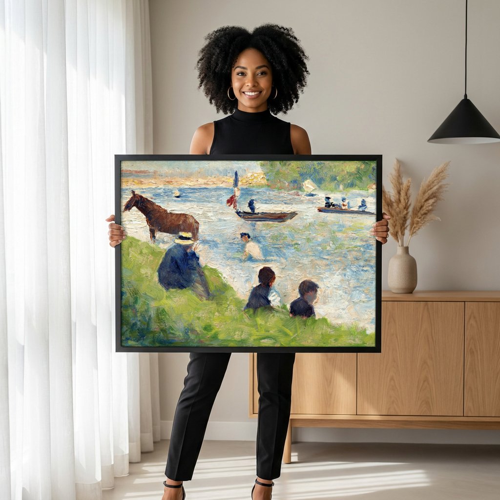 Quadro Decorativo Cena de Verao no Rio - Georges Seurat com modelo em ambiente