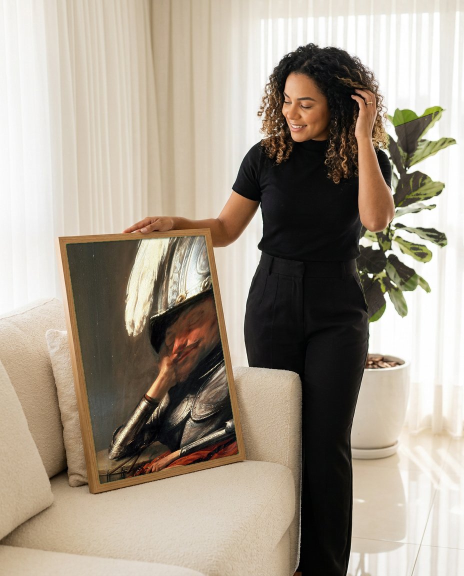 Quadro Decorativo O Soldado Adormecido - Hendrick ter Brugghen com modelo em ambiente