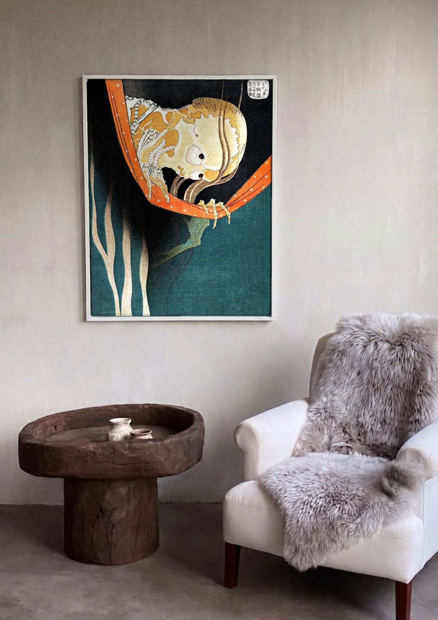 Quadro Decorativo O Fantasma Esqueleto - Hokusai em ambiente decorado