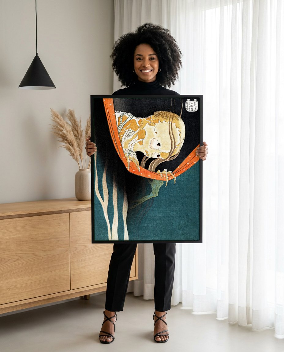 Quadro Decorativo O Fantasma Esqueleto - Hokusai com modelo em ambiente