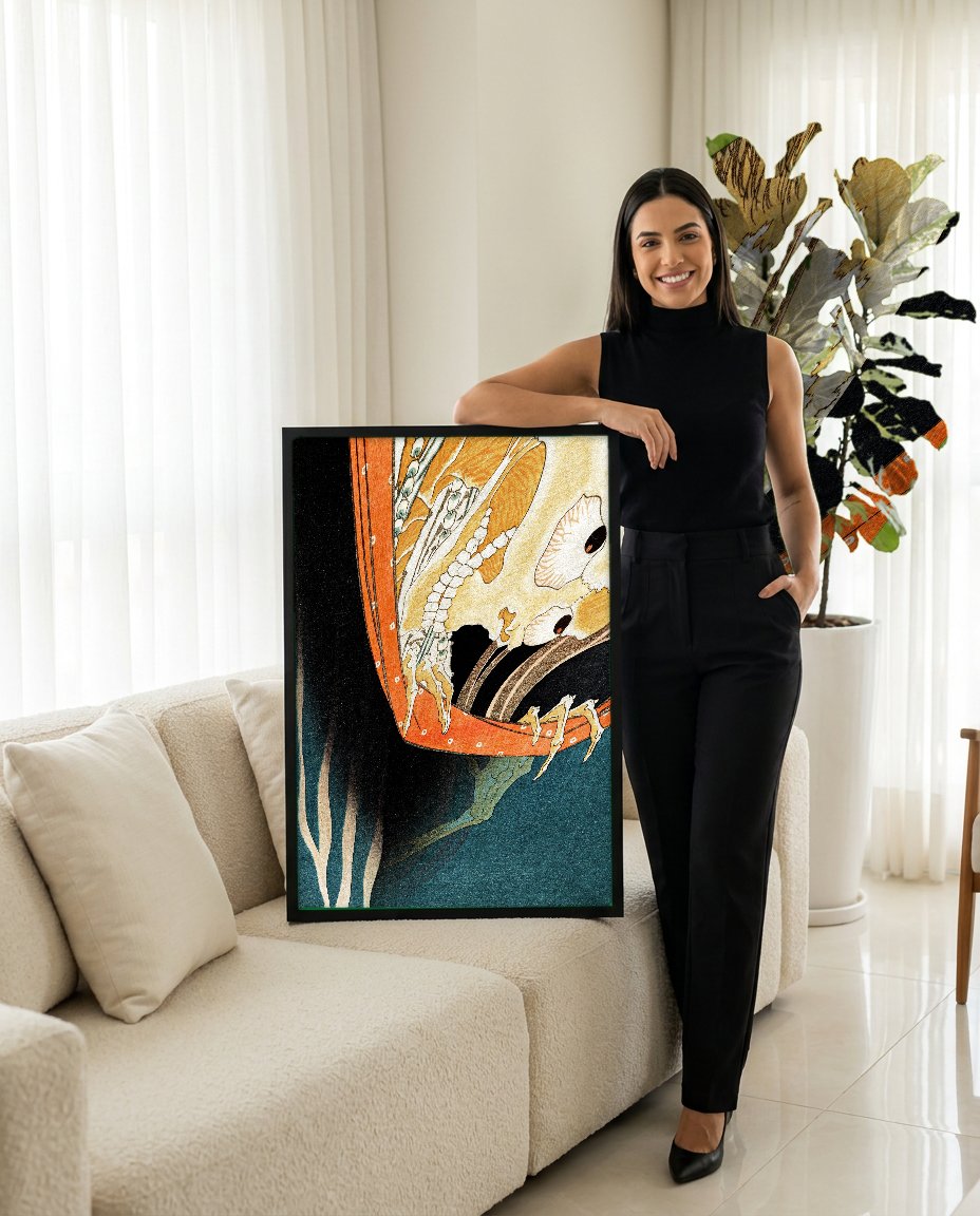 Quadro Decorativo O Fantasma Esqueleto - Hokusai com modelo em ambiente