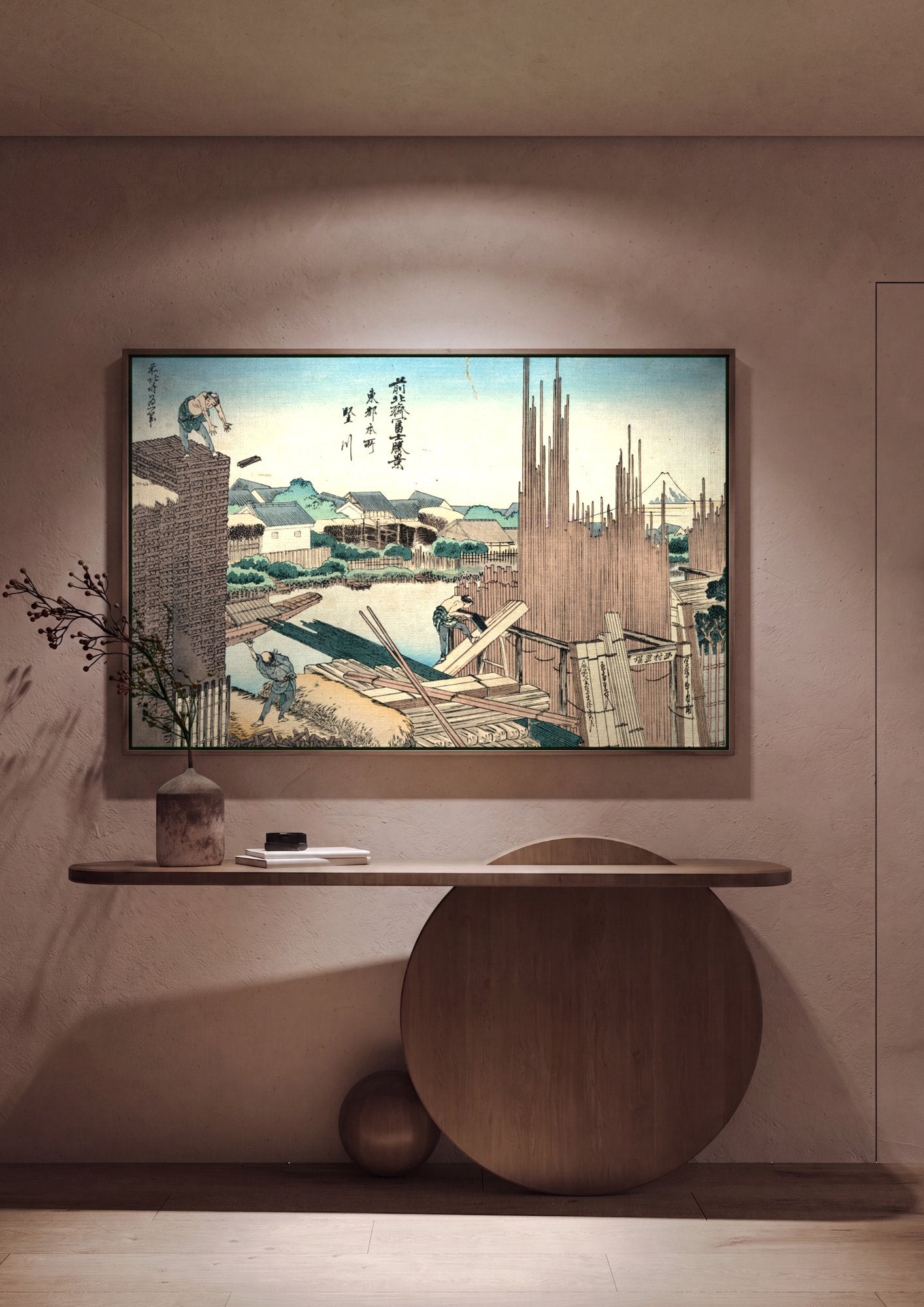 Quadro Decorativo A Ponte Eitai em Edo - Hokusai em ambiente decorado