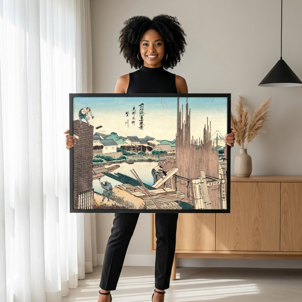 Quadro Decorativo A Ponte Eitai em Edo - Hokusai com modelo em ambiente