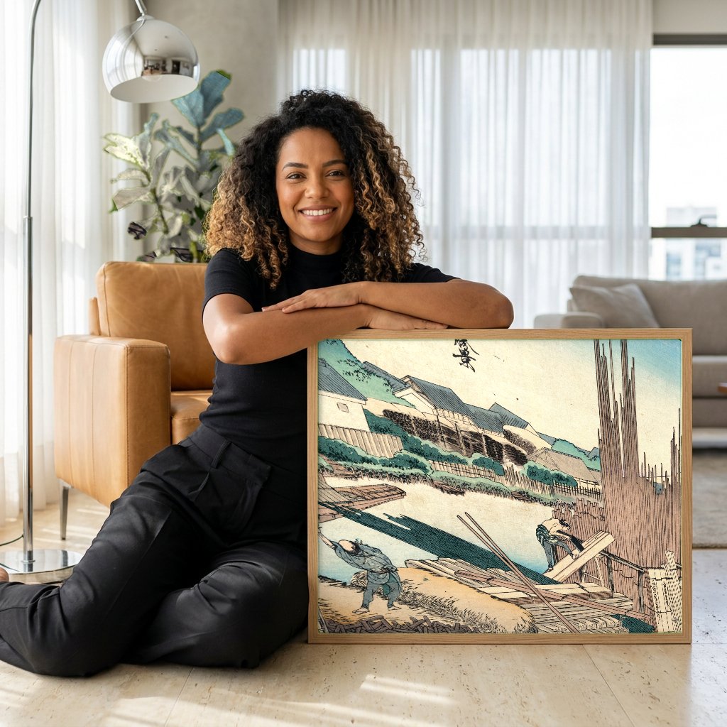 Quadro Decorativo A Ponte Eitai em Edo - Hokusai com modelo em ambiente
