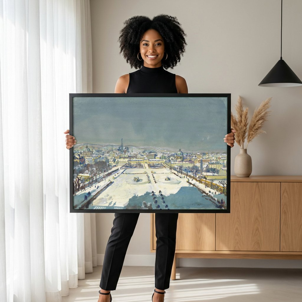 Quadro Decorativo Jardins Imperiais no Inverno - Oskar Laske com modelo em ambiente
