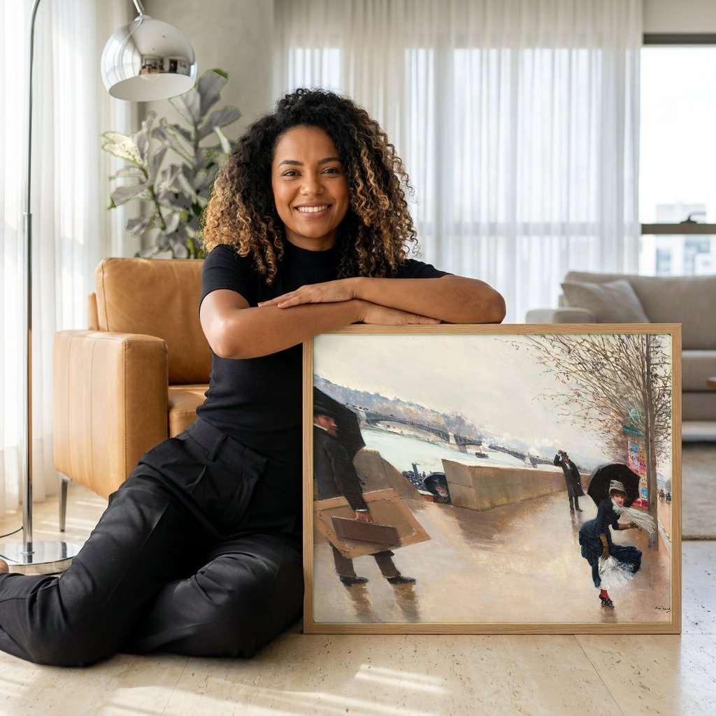 Quadro Decorativo 'Paris em Dia Chuvoso' - Jean Béraud com modelo em ambiente