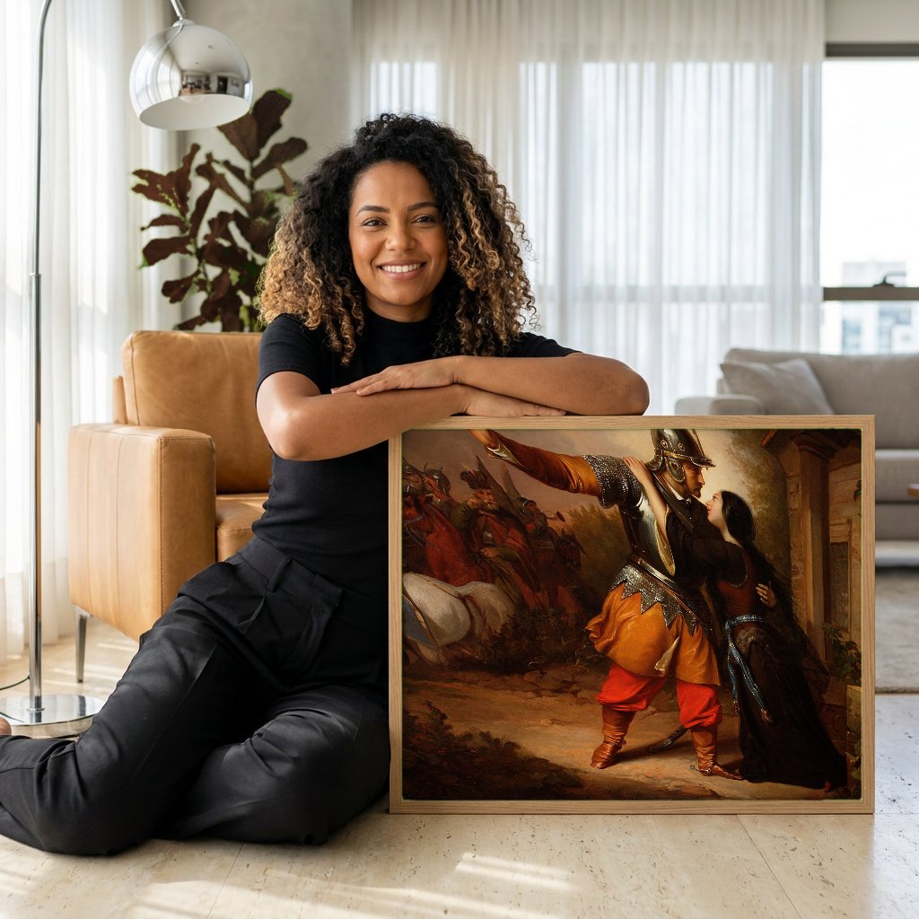 Quadro Decorativo A Partida do Soldado - Józef Simmler com modelo em ambiente