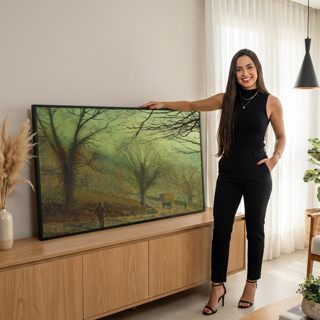 Quadro Decorativo A Estrada de Inverno - J. A. Grimshaw com modelo em ambiente