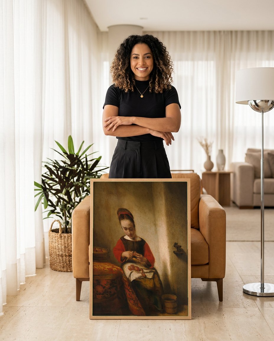 Quadro Decorativo A Mulher Descascando Maçãs - Nicolaes Maes com modelo em ambiente