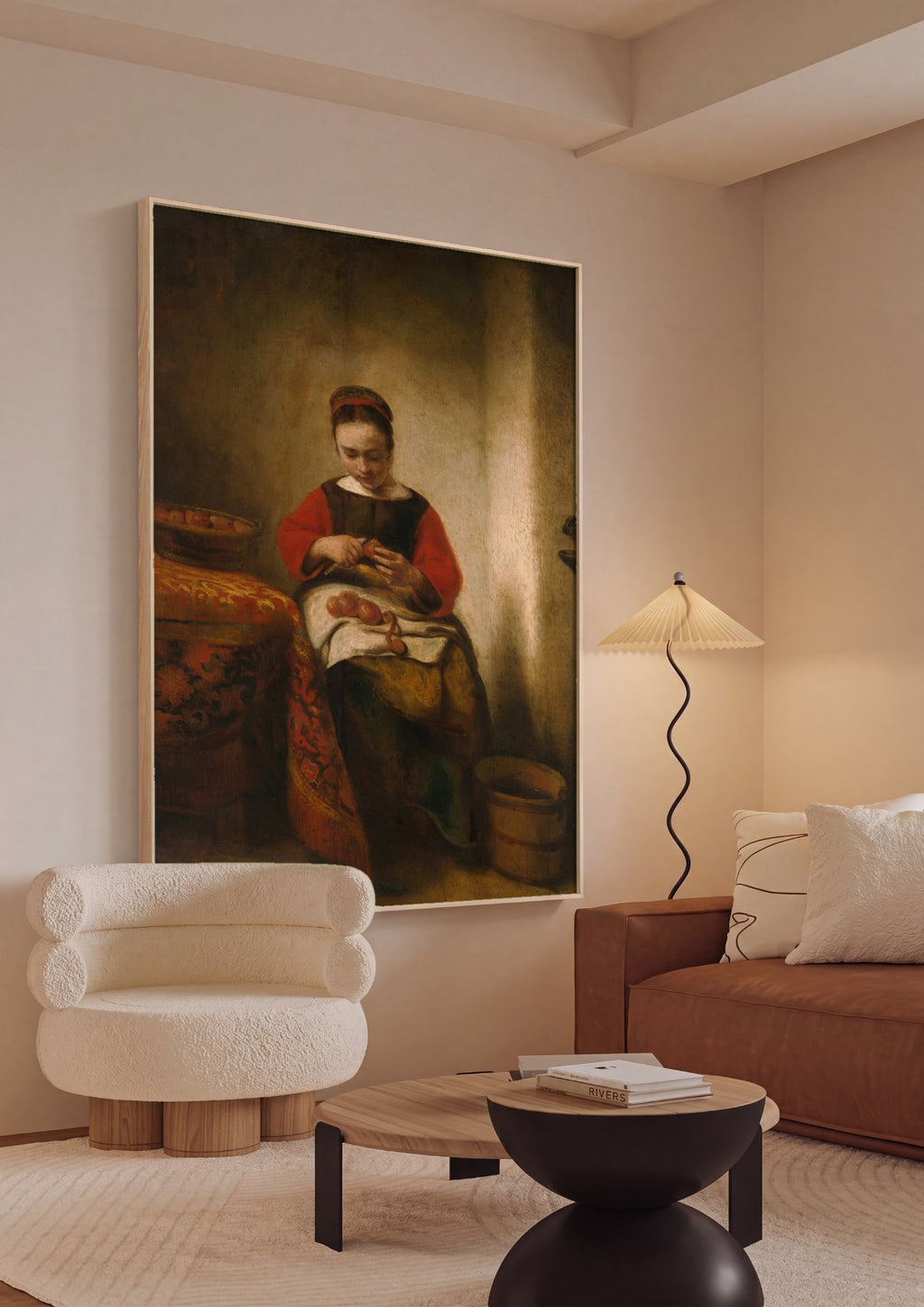 Quadro Decorativo A Mulher Descascando Maçãs - Nicolaes Maes em ambiente decorado