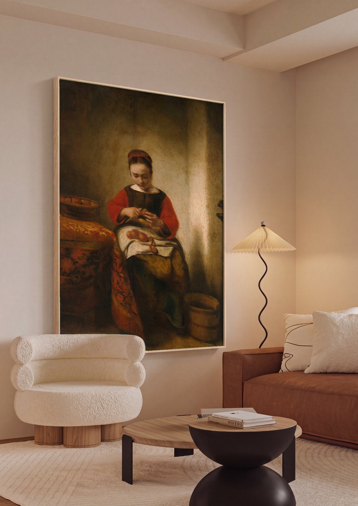 Quadro Decorativo A Mulher Descascando Maçãs - Nicolaes Maes em ambiente decorado