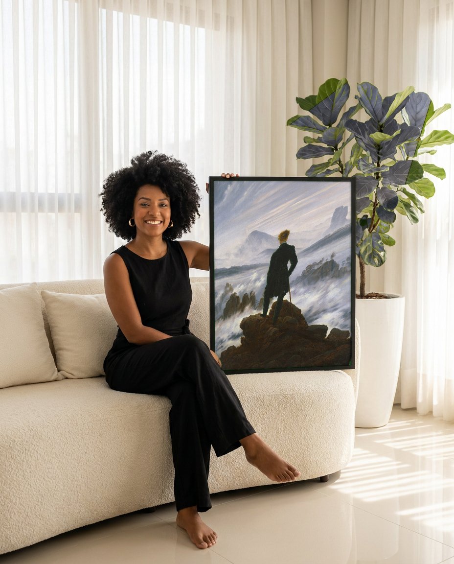 Quadro Decorativo O Caminhante sobre o Mar de Névoa - Caspar D. Friedrich com modelo em ambiente