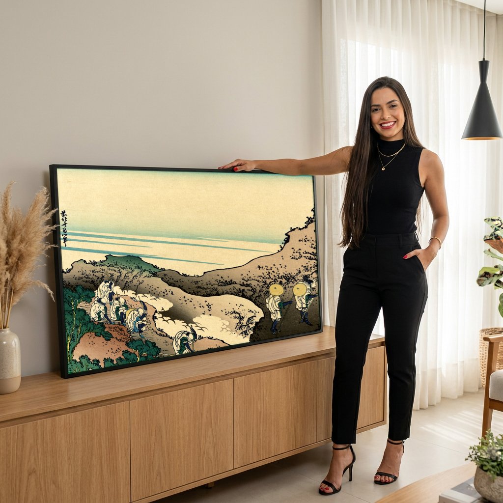 Quadro Decorativo Peregrinos Escalando Monte Fuji - Hokusai com modelo em ambiente
